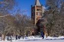 Students walking on campus in winter